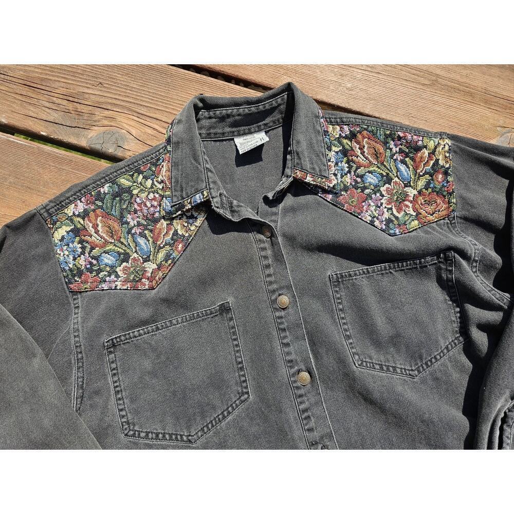 VTG Jordache Black Wash Denim Womens Shirt Med Tapestry Floral Cottagecore 90s - Picture 3 of 8